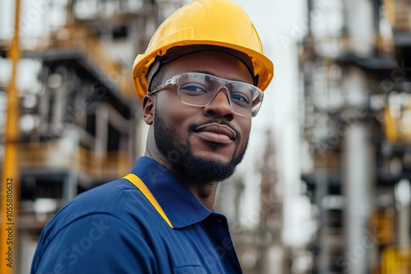 Fototapeta Portrait of African American man engineer in blue uniform, yellow hard hat, and protective glasses stands against blurred background of refinery.