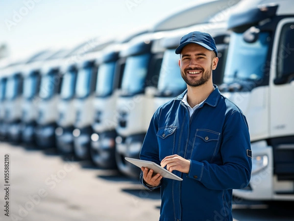Fototapeta Fleet management worker in blue uniform holding digital tablet in hands, standing against of cargo trucks.