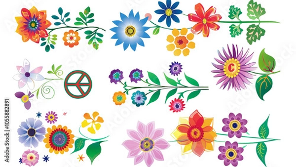Fototapeta A collection of cartoon-style flowers with peace signs Isolated on a transparent background