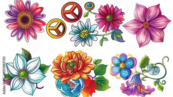 Fototapeta A collection of cartoon-style flowers with peace signs Isolated on a transparent background