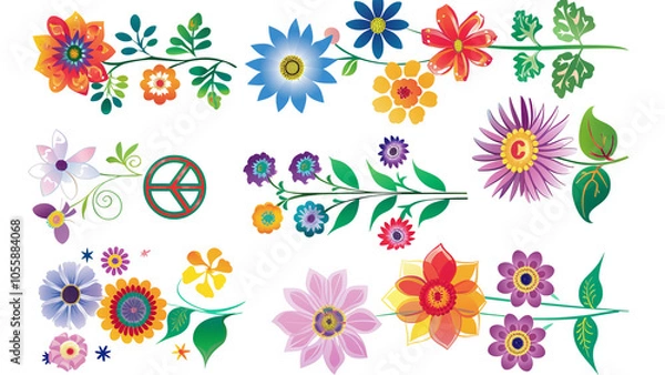 Fototapeta A collection of cartoon-style flowers with peace signs Isolated on a transparent background