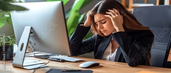 Fototapeta A stressed woman struggles with her workload at a desk, seated in front of a computer, surrounded by greenery in a modern office environment.