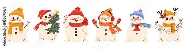 Fototapeta Set of various Cute snowman illustration in children's style on New Year's theme. Snowman in a hat, mittens scarf and headphones.  Flat vector illustration isolated on white background