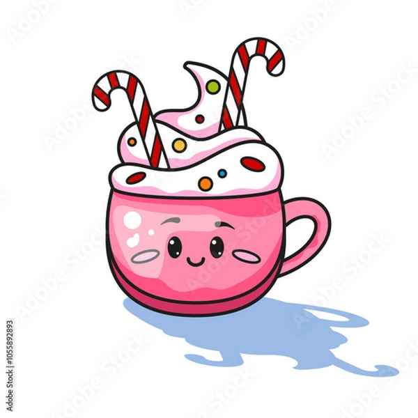 Fototapeta Pink Cartoon Hot Cocoa Mug with Whipped Cream, Sprinkles, and Candy Canes. Vector Illustration