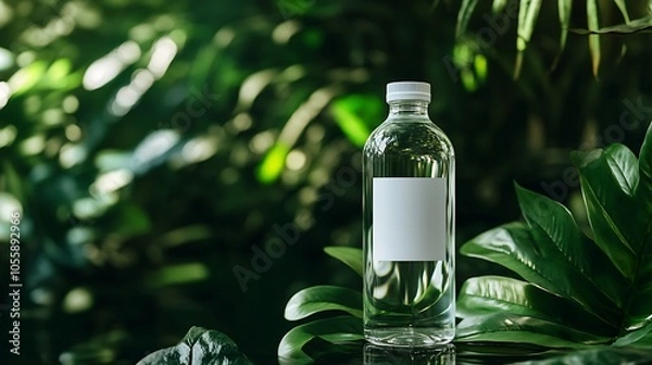 Fototapeta Clear bottle mockup with a blank label, placed in front of a green leafy background, ideal for eco-friendly branding