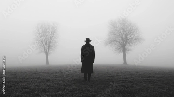 Obraz High-Contrast Black and White Photo of Figure in Long Coat and Hat in Foggy Meadow with Distant Trees, Ghostly Atmosphere.