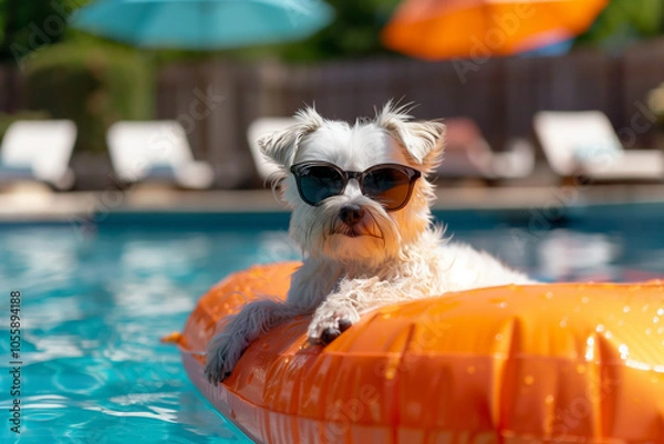Fototapeta A small white Morkie dog wearing sunglasses lounging on an orange floaty in the pool on a summer day.