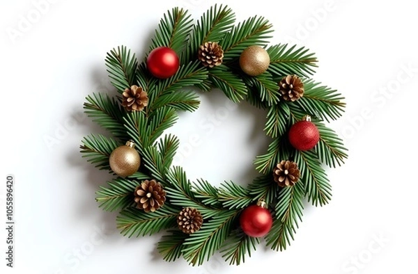 Fototapeta Сhristmas wreath with red and gold balls and cones on white background.
