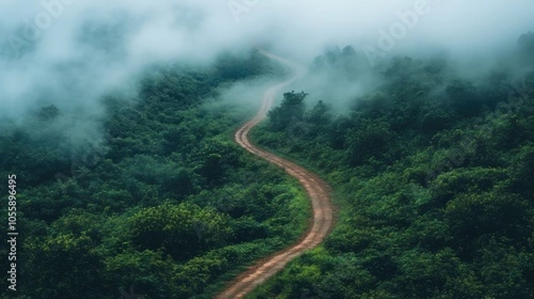Fototapeta A foggy road winding through a dense forest, the path fading into the mist with no sign of what lies ahead