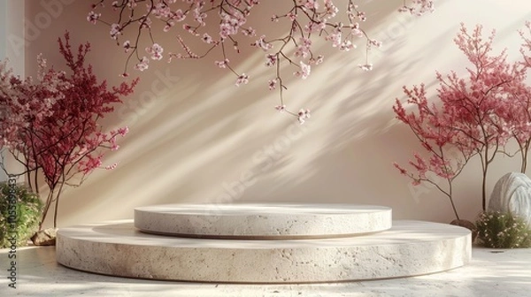 Fototapeta Elegant podium surrounded by blooming trees, ideal for presentations, displays, or artistic showcases in serene settings.