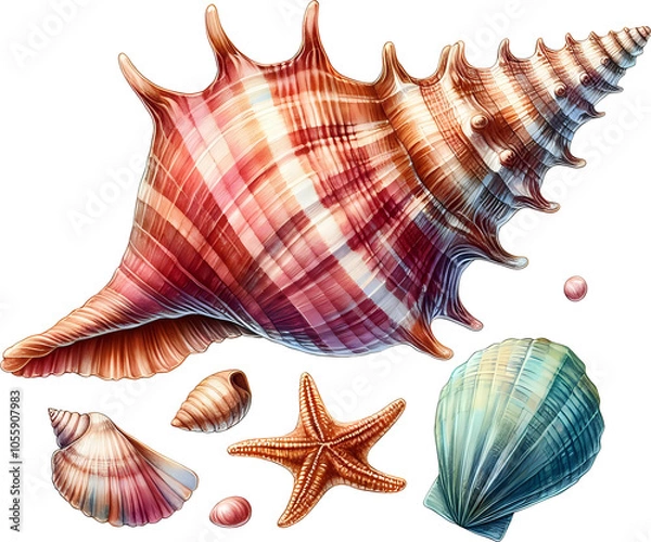 Fototapeta Spiral Seashell with Vibrant Hues, Transparent background

