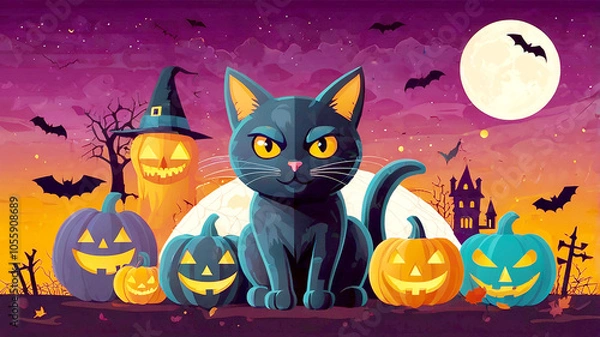 Fototapeta Halloween illustration, vibrant orange background, cartoon style, black cat, vampire, ghost, mummy, jack-o'-lantern, witch's broom, candy, bats, spider web, cauldron, skull, bone, crescent moon, potio