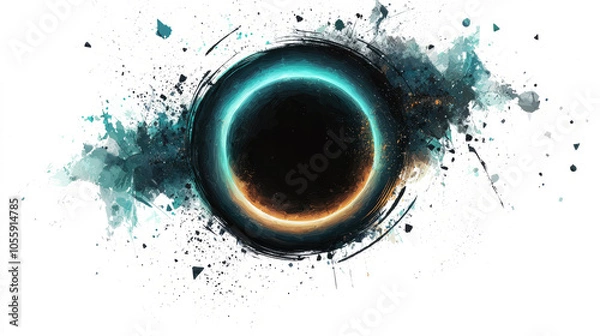 Fototapeta Black hole with glowing turquoise rings and geometric orbits, low poly on a white background