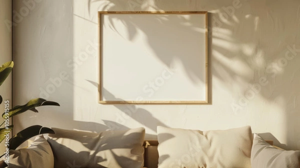 Fototapeta Mock up, empty, blank, Ground level, front view, picture frame mock up , above a sofa , muted tones , retro style photo nostalgic and very hazy 35mm, leather, natural sunlight 