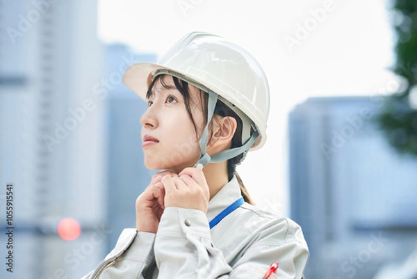 Fototapeta 作業服とヘルメットを着用した若い女性