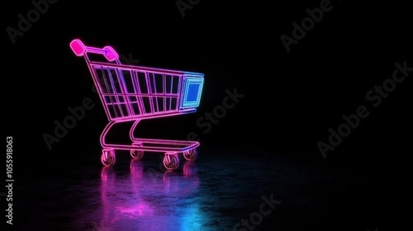 Fototapeta A vibrant 3D shopping cart icon showcases neon hues against a black background creating a modern and futuristic look ideal for digital shopping and e-commerce designs