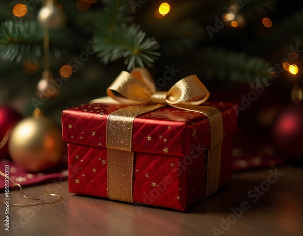 Fototapeta A festive gift box wrapped in shiny red paper with a golden ribbon