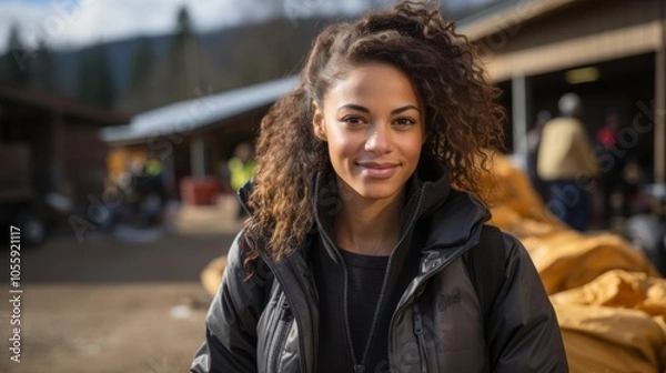 Obraz A woman with curly hair is smiling in front of a building