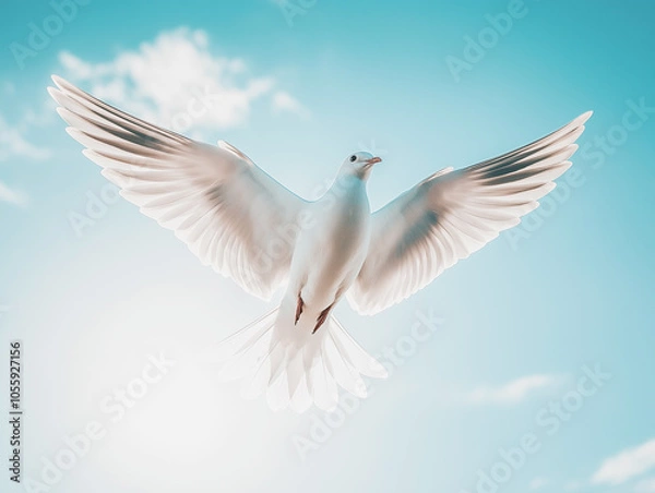 Fototapeta White dove flying against a blue sky with soft clouds, symbolizing peace and freedom. Ideal for concepts of hope and spirituality.