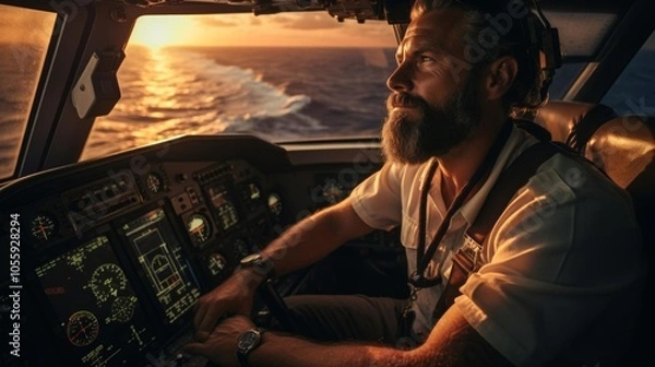 Obraz A man with a beard is piloting a plane
