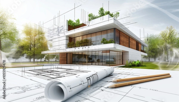 Obraz Esquisse d'une maison moderne partiellement en bois et des matériaux recyclable et bon pour l'environnement