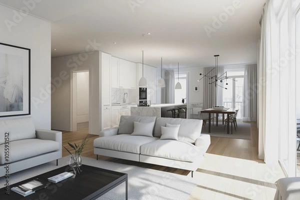 Fototapeta Minimalist modern interior design bright apartment with an open plan in Scandinavian style