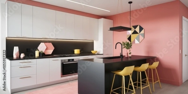 Fototapeta Modern kitchen interior, white and black cabinetry, pink accent wall, geometric artwork, pendant lighting, wooden bar stools, open concept design, minimalist aesthetic, high contrast, contemporary sty