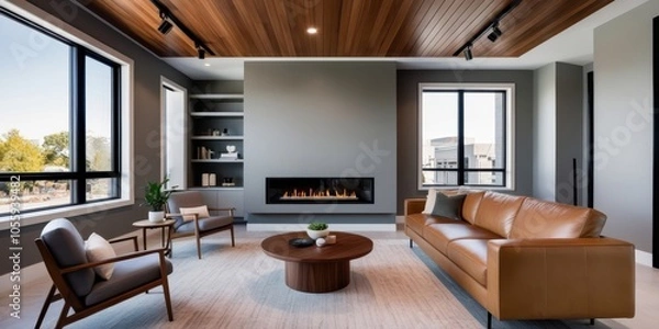 Fototapeta Modern minimalist living room, large windows with mountain view, leather sectional sofa, wood ceiling beams, gray walls, sleek fireplace, round coffee table, mid-century modern armchair, natural light