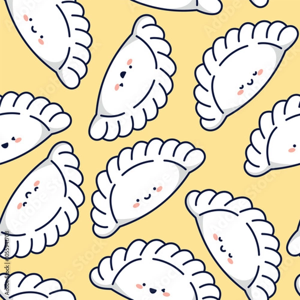 Obraz Vector seamless pattern with cute kawaii dumplings characters on yellow background