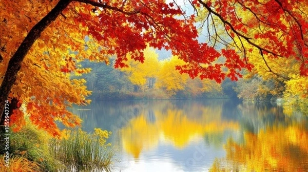 Obraz  Wide view of a lake surrounded by autumn trees with vibrant colors, calm water reflecting the foliage