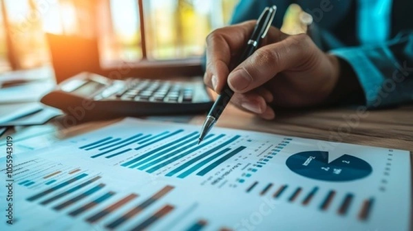 Fototapeta Person analyzing financial charts and graphs with pen