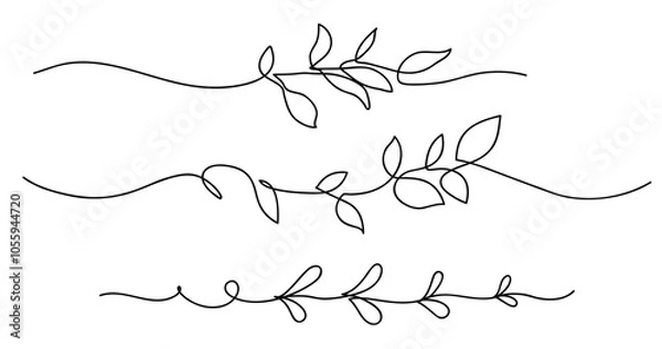 Fototapeta One line drawing. Set of outline twig with leaf. Abstract decorative horizontal border element with stem and leaves. Frame design element. Vector illustration.
