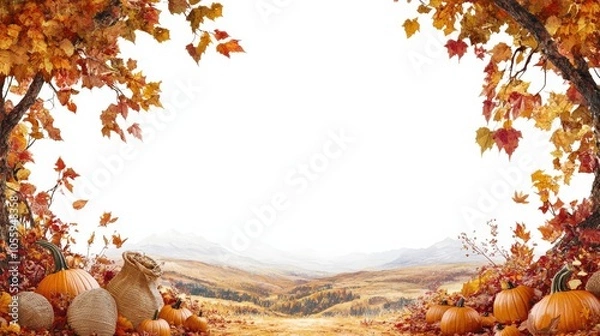 Fototapeta Autumn landscape with colorful leaves, pumpkins, and rolling hills under a clear sky, perfect for fall themes and Thanksgiving designs.