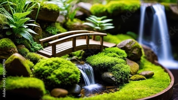 Fototapeta A serene miniature terrarium with wooden bridges, cascading waterfalls, and lush moss, creating a tranquil forest scene.