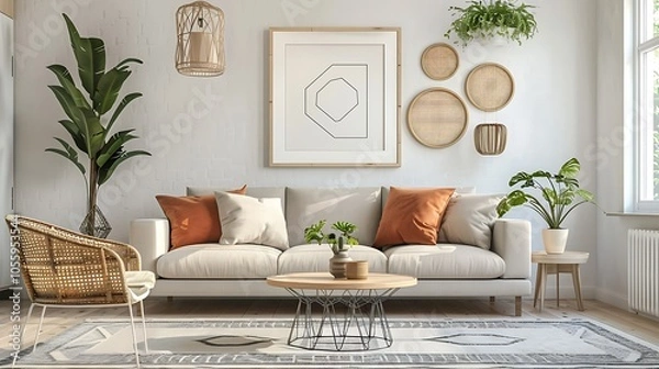 Fototapeta Modern Interior of Stylish Living Room ,Wall Mock Up, Frame , Poster with Beautiful Background, 3d render