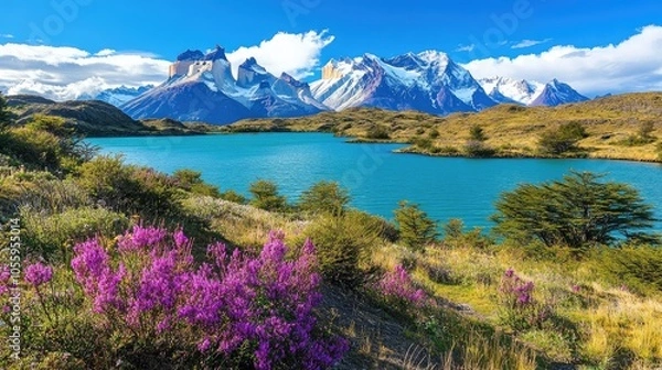 Fototapeta The iconic jagged peaks of Torres del Paine in Patagonia, Chile, rising above a tranquil lake with rugged terrain and clear skiese9d