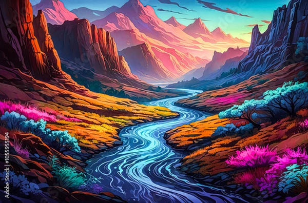 Obraz Time-Shifted Valley with Glowing Rivers watercolor vector painting art illustration
