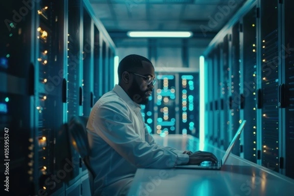 Fototapeta IT Security Specialist Analyzing Data in High-Tech Server Room for Security Protocols