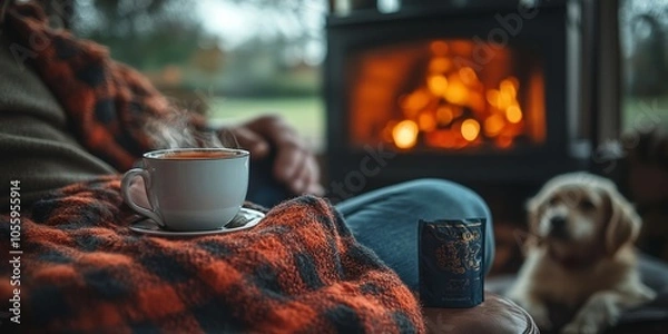 Fototapeta The man is sitting by the fireplace drinking tea with his dog next to him