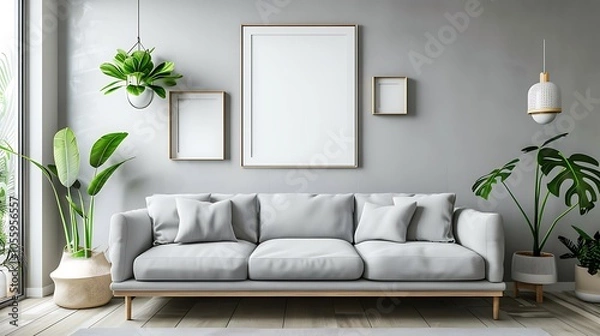 Fototapeta Modern Interior of Stylish Living Room ,Wall Mock Up, Frame , Poster with Beautiful Background, 3d render