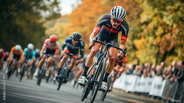 Fototapeta Focused cyclist leading a pack in a competitive race, pushing through an autumnal landscape with vibrant foliage and an enthusiastic crowd lining the road competitive race,