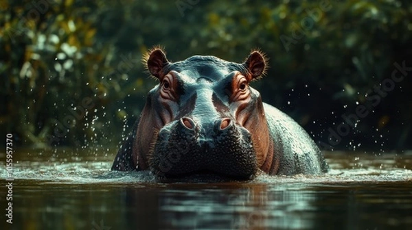 Fototapeta A hippo emerging from a river, with water dripping off its large body, set against a lush green background.