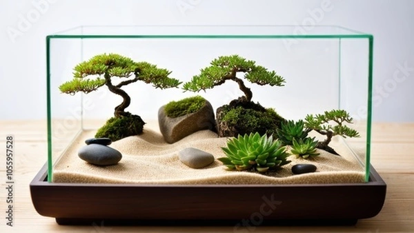 Fototapeta A glass bowl terrarium with a miniature bonsai tree, stones, and sand, blending natural elements in a peaceful, minimalist design.
