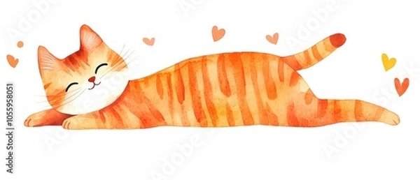 Obraz Cute orange cat lying down with hearts, white isolated background.