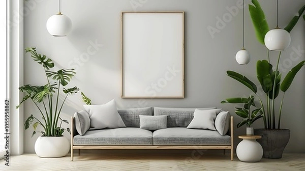 Fototapeta Modern Interior of Stylish Living Room ,Wall Mock Up, Frame , Poster with Beautiful Background, 3d render