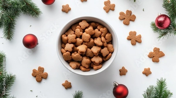 Fototapeta A bowl of cookies with a bunch of Christmas ornaments surrounding it