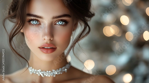 Fototapeta Close-up of a beautiful woman with striking blue eyes and a sparkling necklace, set against a soft bokeh background, symbolizing elegance and beauty.
