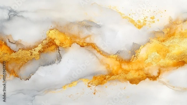 Fototapeta Golden streaks over an abstract white marble background