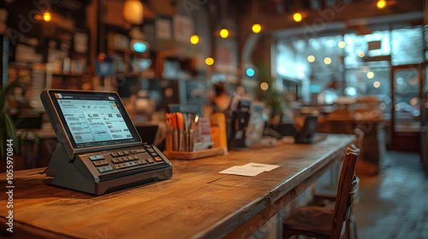 Fototapeta wooden coffee shop counter featuring a modern POS system and utensil holder. The softly lit background highlights the inviting ambiance of the cafe with chairs and shelves.