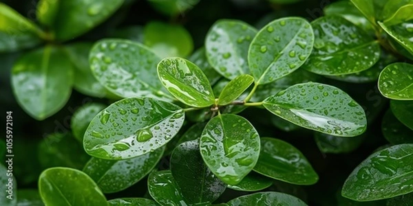 Fototapeta Glossy leaves adorned with fresh rain droplets illustrate the purity and rejuvenation of nature’s simplicity.